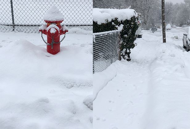 Photo of a Code violation from snow covering sidewalk and blocking fire hydrant